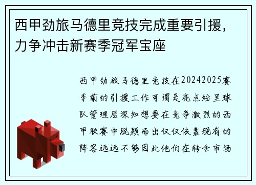西甲劲旅马德里竞技完成重要引援，力争冲击新赛季冠军宝座